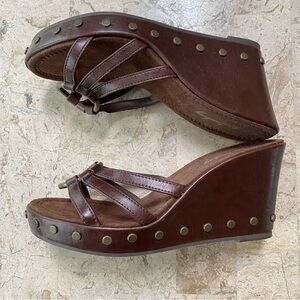 Brown Faux Leather Open Toe Wedge Platform Studded Sandal Unionbay Size 6M